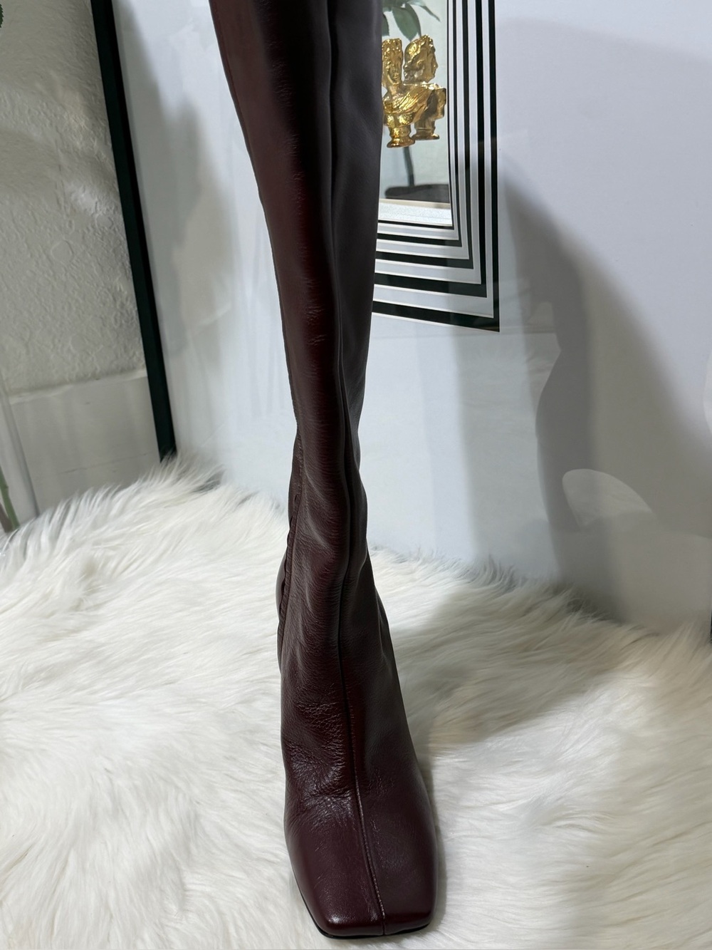 Zara Leather Oxblood KneeHigh Square Toe Architectural Heel Boots - Size 10 NEW - Picture 4 of 16